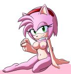  amy_rose anthro blush breasts choker corescorner eulipotyphlan female fist green_eyes hairband hedgehog looking_at_viewer mammal navel nipples pose simple_background sitting smile solo sonic_(series) white_background 