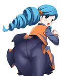  :o ace_trainer_(pokemon) ass black_panties blue_eyes blue_hair blue_legwear blush crotch_seam drill_hair from_behind grey_skirt hair_bobbles hair_ornament highres holding holding_poke_ball leaning_forward long_hair long_sleeves looking_back mushi_gyouza open_mouth orange_vest panties panties_under_pantyhose pantyhose plaid pleated_skirt poke_ball pokemon pokemon_(game) pokemon_bw pokemon_bw2 simple_background skirt solo standing thigh_gap twin_drills underwear upskirt vest white_background 