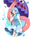  blouse blue_eyes blue_hair blush commentary_request cowboy_shot heterochromia karakasa_obake long_sleeves looking_at_viewer open_mouth red_eyes sansai_(age3joe) short_hair skirt smile solo tatara_kogasa tongue touhou umbrella vest water_drop waving 