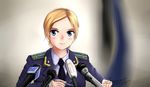  1girl bangs blonde_hair female microphone military military_uniform natalia_poklonskaya parted_bangs real_life russia short_hair uniform 