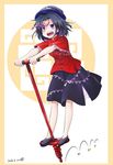  aozora_market black_eyes black_hair hat hopping jiangshi miyako_yoshika ofuda open_mouth pogo_stick sharp_teeth solo teeth touhou 