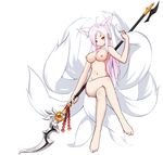  ahoge albino animal_ears ara_han ara_han_(celestial_fox) barefoot breasts crossed_legs derivative_work elsword fox_ears fox_tail full_body long_hair looking_at_viewer multiple_tails navel nipples nude nude_filter polearm red_eyes sitting smile solo spear tail the_hermit third-party_edit weapon white_background white_hair 