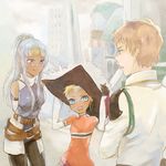  1boy 2girls bare_shoulders belt blonde_hair blue_eyes blue_hair breasts brown_hair chat dark_skin earrings hat jacket jewelry long_hair multiple_girls open_mouth pants ponytail short_hair smile tales_of_(series) tales_of_eternia 