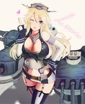  bare_shoulders belt blonde_hair blue_eyes breasts character_name cleavage clothes_writing detached_sleeves elbow_gloves garter_straps gloves hayabusa headgear heart iowa_(kantai_collection) kantai_collection large_breasts long_hair looking_at_viewer machinery miniskirt mismatched_legwear navel one_eye_closed salute skirt solo thighhighs white_gloves zettai_ryouiki 