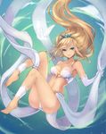  barefoot bird blonde_hair blue_eyes breasts cleavage dove elbow_gloves gloves highres janna_windforce league_of_legends long_hair medium_breasts midriff navel open_mouth pointy_ears riffey smile solo 