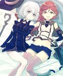  bad_anatomy bare_shoulders black_dress black_gloves bow_(weapon) braid dress elbow_gloves fingerless_gloves gloves hai_to_gensou_no_grimgar highres long_hair long_legs lying midriff multiple_girls on_back open_mouth panties pillow pink_eyes pink_legwear red_eyes red_hair shihoru_(grimgar) shirt short_dress short_hair shorts silver_hair single_braid smile staff subachi thighhighs underwear very_long_hair weapon white_panties yume_(grimgar) 