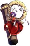  absurdres anklet baba_(baba_seimaijo) full_body hairband highres jewelry leaf leaf_on_head long_sleeves looking_at_viewer maple_leaf mirror no_socks onbashira puffy_sleeves purple_hair red_eyes rope sandals shimenawa shirt short_hair skirt smile solo tachi-e touhou transparent_background waraji yasaka_kanako 