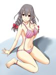  anklet barefoot bikini blush breasts brown_eyes cleavage grey_hair idolmaster idolmaster_cinderella_girls jewelry ky_kosuke large_breasts long_hair sakakibara_satomi sideboob smile solo striped striped_bikini swimsuit twintails 