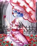  absurdres bad_id bad_pixiv_id bat_wings blue_hair bug butterfly butterfly_on_hand detached_sleeves dress embellished_costume fence flower frilled_dress frills hat highres insect mob_cap parasol petals red_eyes remilia_scarlet rose sheya short_hair solo touhou umbrella wings wrist_cuffs 