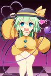  aqua_eyes bad_id bad_pixiv_id banned_artist bottomless breasts convenient_censoring hat hat_ribbon heart heart-shaped_pupils kisaragi_zwei komeiji_koishi large_breasts long_sleeves open_mouth ribbon silver_hair smile solo symbol-shaped_pupils third_eye touhou wide_sleeves 