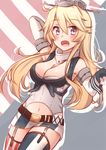  :d american_flag anchor_symbol armpits bare_shoulders belt black_gloves black_shirt blue_legwear blue_skirt blush breasts buckle cleavage clothes_writing crop_top detached_sleeves fingerless_gloves flag_background front-tie_top garter_straps gloves grey_hat hair_between_eyes hat highres iowa_(kantai_collection) kantai_collection kapatarou lavender_eyes leg_garter long_hair long_sleeves medium_breasts mismatched_legwear navel number open_clothes open_mouth open_shirt peaked_cap red_legwear shirt sidelocks skirt smile solo stomach striped striped_shirt tareme thighhighs unbuttoned very_long_hair white_legwear white_skirt wrist_cuffs zettai_ryouiki 
