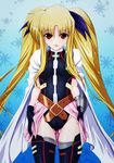  :3 :p blonde_hair cape fate_testarossa gloves highres leotard long_hair lyrical_nanoha magical_girl mahou_shoujo_lyrical_nanoha mahou_shoujo_lyrical_nanoha_a's mahou_shoujo_lyrical_nanoha_the_movie_2nd_a's red_eyes solo tappa_(esperanza) thighhighs tongue tongue_out twintails 