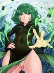  ass_visible_through_thighs bare_hips black_dress covered_navel dress floating_rock green_eyes green_hair hand_on_hip looking_at_viewer no_panties one-punch_man pelvic_curtain pussy short_hair skin_tight solo tatsumaki yamasan_(hachiman) 