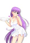  absurdres apron bare_shoulders breasts cleavage fire_emblem fire_emblem:_fuuin_no_tsurugi food food_on_face hand_on_own_face heart hevns highres long_hair medium_breasts naked_apron one_eye_closed purple_eyes purple_hair simple_background sofiya solo very_long_hair white_background 