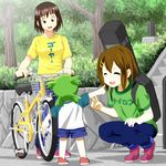  ayase_fuuka bicycle black_hair brown_eyes brown_hair casual closed_eyes clothes_writing crossover eyebrows green_hair ground_vehicle guitar_case highres hirasawa_yui instrument_case k-on! knives_(knives777) koiwai_yotsuba multiple_girls pants pointing raglan_sleeves shirt short_hair shorts t-shirt thick_eyebrows walking_bike yotsubato! 