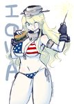  :q american_flag american_flag_bikini bikini blonde_hair breasts chinad011 fireworks flag_print food hamburger iowa_(kantai_collection) kantai_collection large_breasts long_hair pinky_out senkou_hanabi smile solo sparkler swimsuit tongue tongue_out 