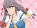  breasts cake eating food grey_hair idolmaster idolmaster_cinderella_girls ky_kosuke large_breasts long_hair purple_eyes sakakibara_satomi smile solo twintails 