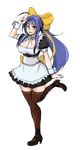  ;d antenna_hair apron arm_up blazblue blazblue_remix_heart blue_hair blush bow breasts cleavage drawfag full_body genderswap genderswap_(mtf) hair_bow hand_in_hair heart highres large_breasts leg_up long_hair looking_at_viewer mai_natsume maid maid_apron one_eye_closed open_mouth ponytail red_eyes ribbon shoes short_sleeves smile solo standing standing_on_one_leg thighhighs transparent_background very_long_hair wrist_cuffs yellow_bow zettai_ryouiki 