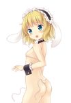  animal_ears aqua_eyes ass bangs bikini blonde_hair blush breasts bunny_ears cowboy_shot detached_collar fleur_de_lapin_uniform frills gochuumon_wa_usagi_desu_ka? hairband kirima_sharo kotanu_(kotanukiya) looking_to_the_side micro_bikini short_hair sideboob simple_background small_breasts solo swimsuit untied untied_bikini wardrobe_malfunction white_background white_bikini wrist_cuffs 