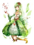  bare_shoulders boots crown dress frills full_body green_dress green_hair high_heel_boots high_heels jewelry lilligant long_hair looking_at_viewer nameko12 necklace personification pokemon red_eyes see-through simple_background smile solo veil wide_sleeves yellow_footwear 
