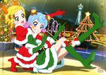  2girls :d absurdres aikatsu! aikatsu!_(series) blonde_hair blue_hair boots braid calendar_(medium) christmas dojima_nina_(aikatsu!) dress elbow_gloves full_body gloves green_eyes green_footwear green_gloves green_santa_costume highres hug hug_from_behind knee_boots multiple_girls official_art open_mouth purple_hair red_footwear red_gloves sakai_kasumi santa_costume shinjou_hinaki short_hair smile 