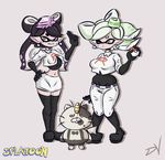  +_+ 2girls aori_(splatoon) breasts cosplay dullvivid fangs hotaru_(splatoon) meowth mole mole_under_eye multiple_girls nintendo pokemon splatoon team_rocket tentacle_hair thighhighs wink yellow_eyes 