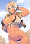  23_(real_xxiii) :&lt; abs black_panties blonde_hair blue_eyes breasts cloud covered_nipples dark-skinned_girl_(23) day dog_tags fingerless_gloves gloves gun handgun highres holster large_breasts leaning_forward muscle navel original panties pistol puffy_nipples short_hair sky solo sweat sweatdrop underwear walther walther_p99 weapon 