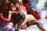  2girls alphonse_(white_datura) ass bare_shoulders baroque black_legwear black_panties blonde_hair blue_eyes blush breasts couch elysion erect_nipples female flower frottage glasses hands highres hydrangea legs lingerie lips long_hair long_legs looking_at_viewer looking_back multiple_girls nipples nose open_mouth panties petals plant pussy_juice saliva saliva_trail semi-rimless_glasses short_hair skull small_breasts smile sound_horizon thighhighs tongue under-rim_glasses underwear white_legwear white_panties yuri 