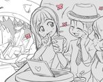  3girls bad_id bad_twitter_id blurry closed_eyes computer depth_of_field driving extra flower_(symbol) girl_sandwich hair_ribbon hairband hat laptop long_hair looking_at_another low_twintails matsuno_todomatsu monochrome multiple_girls necktie osomatsu-kun osomatsu-san porkpie_hat rian_(bdl) ribbon sandwiched short_twintails smile table turtleneck twintails yowai_totoko 