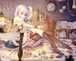  apron braid cup drawer hair_ribbon high_heels holster hourglass ink izayoi_sakuya knife leg_belt maid maid_headdress mokoiscat on_bed plate red_eyes ribbon shoes_removed silver_hair sitting solo spill tears thighhighs throwing_knife touhou twin_braids vial waist_apron weapon 