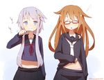  blue_eyes brown_hair brushing_teeth coupon_(skyth) crescent crescent_hair_ornament glasses hair_ornament kantai_collection long_hair mochizuki_(kantai_collection) multiple_girls open_mouth purple_hair school_uniform serafuku short_hair_with_long_locks skirt toothbrush yayoi_(kantai_collection) 