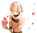  facial_mark flower from_above headphones highres holding holding_flower kagerou_project konoha_(kagerou_project) male_focus petals red_eyes solo upper_body white_hair yokoyama_himena 