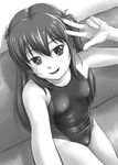  competition_swimsuit couch greyscale long_hair monochrome one-piece_swimsuit original reaching_out self_shot sitting solo swimsuit tk4 twintails v_over_eye 
