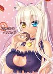  animal_ears bare_shoulders bell bell_choker blue_eyes breasts cat_cutout cat_ears cat_lingerie choker cleavage cleavage_cutout coconut_(sayori) doughnut eating food food_on_face heterochromia highres jingle_bell large_breasts long_hair looking_at_viewer meme_attire nekopara platinum_blonde_hair polka_dot polka_dot_background smile solo tsukimi_kirara upper_body yellow_eyes 