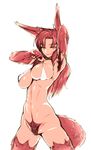  animal_ears armpit_hair armpits bikini_top bottomless breasts brown_hair covered_nipples cowboy_shot excessive_pubic_hair fur fur_trim highres imaizumi_kagerou kaminari large_breasts looking_at_viewer navel navel_hair parted_lips pubic_hair red_eyes red_hair red_pubic_hair simple_background solo tail toned touhou white_background wolf_ears wolf_tail 