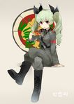  absurdres anchovy anzio_(emblem) anzio_military_uniform bad_id bad_pixiv_id belt black_footwear black_shirt boots brown_eyes cirnocchi cross-laced_footwear crossed_legs dress_shirt drill_hair eating emblem food girls_und_panzer green_hair grey_jacket grey_pants hair_ribbon highres holding_pizza jacket knee_boots long_hair long_sleeves looking_at_viewer military military_uniform necktie pants pizza ribbon shirt shoulder_belt sitting solo twin_drills twintails uniform 