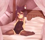  absurdres animal_ears arm_support bad_id bad_pixiv_id bare_shoulders bed black_legwear brown_hair cat_ears choker covered_navel curtains dress flat_chest highres leaning_back original proofmeh red_eyes short_dress short_hair sitting solo spread_legs strapless strapless_dress thighhighs zettai_ryouiki 