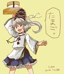  bangs brown_eyes commentary_request dated food hat japanese_clothes kariginu looking_at_viewer miniskirt mononobe_no_futo nigirizushi outstretched_arm ponytail silver_hair skirt solo sushi tako_(plastic_protein) tate_eboshi touhou translated tray wide_sleeves 