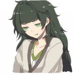  1girl bangs black_hair blunt_bangs cardigan green_eyes hiyajou_maho long_hair menomorute simple_background smile solo steins;gate steins;gate_0 sweatdrop wavy_mouth white_background 