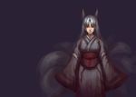  animal_ears fox_ears fox_tail highres japanese_clothes kimono kyuubi long_hair looking_at_viewer mr_metal multiple_tails red_eyes solo tail 