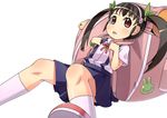  backpack bag bakemonogatari black_hair hachikuji_mayoi hairband long_hair monogatari_(series) ninomae_ichijiku red_eyes sitting solo twintails 