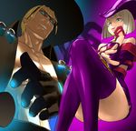  1boy 1girl alternate_color arc_system_works ass bare_shoulders blonde_hair blue_eyes boots breasts coat dress fingerless_gloves fingernails gloves glowing glowing_eyes grin guilty_gear hat i-no johnny_(guilty_gear) leather leather_boots legs_crossed nail_polish platinum_blonde rokuro sharp_fingernails short_dress short_hair smile sunglasses thigh_boots witch_hat zaki_(narashigeo) 