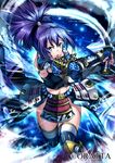  armor attack blue_eyes blue_hair decchi_oyabun fingerless_gloves gloves japanese_armor japanese_clothes katana looking_at_viewer midriff momohime_ryouran!_sengoku_asuka navel official_art open_mouth original ponytail solo sword thighhighs weapon 