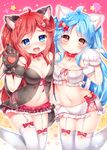  :d :o ahoge animal_ears babydoll bell bell_choker blue_eyes blue_hair blush bow bow_legwear breasts cat_ears cat_hair_ornament cat_paws cat_tail choker cleavage frilled_skirt frills front-tie_top garter_straps hair_bow hair_ornament highres lens_flare looking_at_viewer medium_breasts miniskirt multiple_girls natsume_asato navel open_mouth original paws red_eyes red_hair skirt smile sparkle star strapless tail thighhighs tubetop white_legwear 