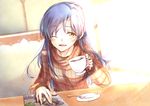  bangs blue_hair blush brown_eyes cup drink fingers hands highres holding holding_cup idolmaster idolmaster_(classic) indoors jewelry kisaragi_chihaya long_hair long_sleeves one_eye_closed open_mouth picture_(object) plaid plaid_shirt plate ring saucer shiny shirt sitting smile solo spoon sugar_cube sunlight swept_bangs table tea teacup teaspoon window yurine 