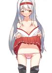  bare_shoulders blush boots breasts brown_hair hairband japanese_clothes kantai_collection long_hair looking_at_viewer medium_breasts panties sentou shoukaku_(kantai_collection) side-tie_panties skirt skirt_lift solo thigh_boots thighhighs underwear white_hair 