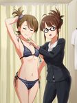  akizuki_ritsuko antenna_hair bra breasts brown_eyes brown_hair fitting_room folded_ponytail futami_ami glasses idolmaster idolmaster_(classic) long_hair multiple_girls otayama panties price_tag short_hair side_ponytail small_breasts underwear underwear_only 