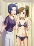  ahoge barcode bikini blue_hair breasts brown_eyes brown_hair fitting_room futami_mami idolmaster idolmaster_(classic) long_hair miura_azusa multiple_girls otayama price_tag short_hair side-tie_bikini side_ponytail small_breasts string_bikini swimsuit 