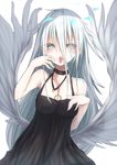  bare_shoulders black_dress blue_eyes blush choker dress finger_to_mouth hair_between_eyes hanetsuki_touka highres jewelry long_hair looking_at_viewer low_wings necklace open_mouth original saliva silver_hair solo tongue tongue_out very_long_hair wings 