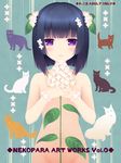  animalization azuki_(sayori) bangs black_hair blunt_bangs bob_cut cat chocola_(sayori) cinnamon_(sayori) coconut_(sayori) convenient_censoring flower flower_bracelet groin hair_flower hair_ornament hydrangea looking_at_viewer maple_(sayori) minazuki_shigure nekopara nude official_art out-of-frame_censoring plant purple_eyes sayori short_hair silhouette smile solo vanilla_(sayori) wrist_flower 